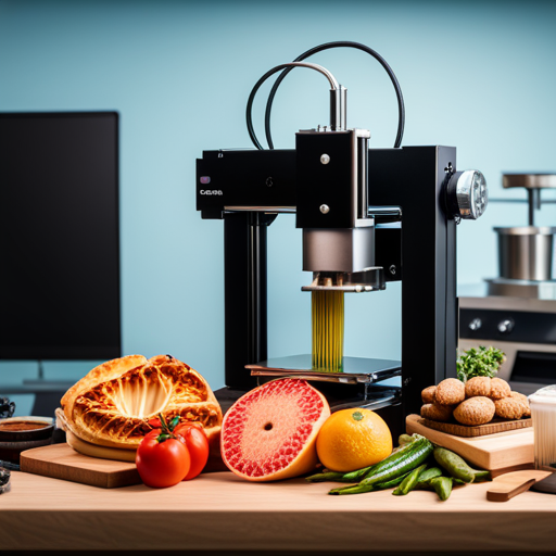 An image of a 3D food printer with a clogged nozzle, filament jams, and misaligned layers, surrounded by various food items, utensils, and troubleshooting tools